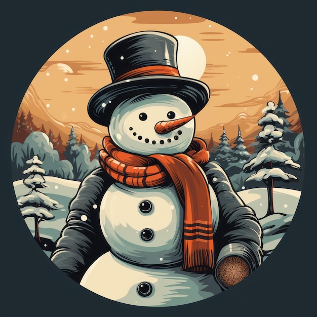 L'uomo di neve in stile retro Un'illustrazione vintage per le carte natalizie