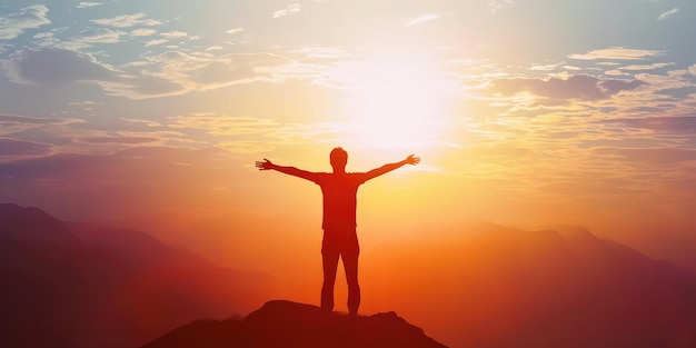 L'uomo di successo celebra la vittoria al tramonto Pragma