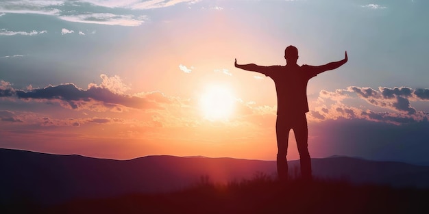 L'uomo di successo celebra la vittoria al tramonto Pragma