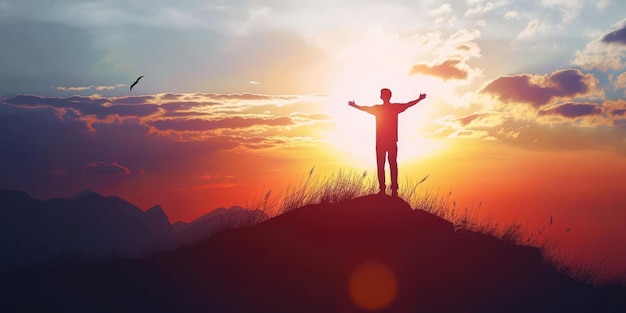 L'uomo di successo celebra la vittoria al tramonto Pragma