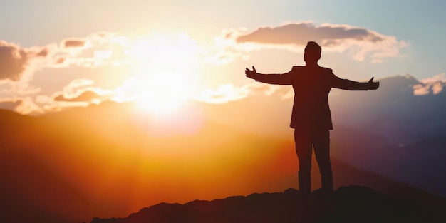 L'uomo di successo celebra la vittoria al tramonto Pragma