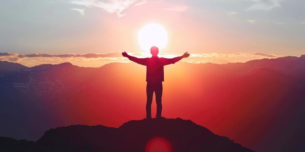 L'uomo di successo celebra la vittoria al tramonto pragma