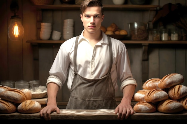 L'uomo dietro la tavola piena di pane