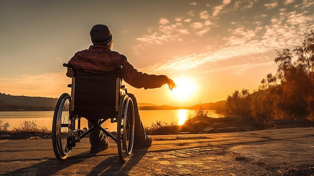 L'uomo disabile disabile ha una speranza È seduto su una sedia a rotelle e allunga le mani al tramonto Ai generativo