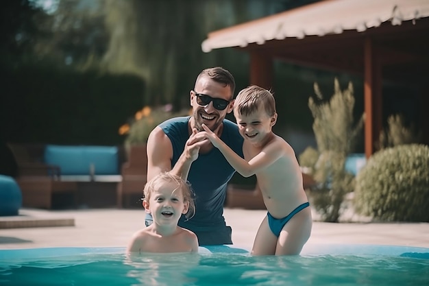 L'uomo e due bambini stanno nuotando in una piscina Festa del papà