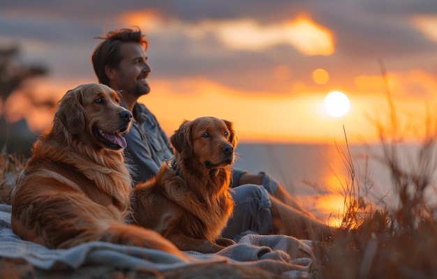 L'uomo e i suoi due cani seduti sulla coperta sulla spiaggia