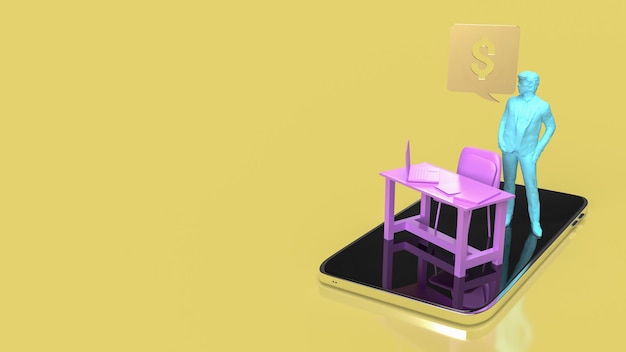L'uomo e il tavolo sul telefono cellulare per il lavoro da casa concetto rendering 3d