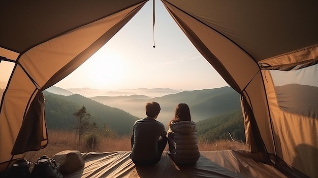 L'uomo e la coppia di donne abbondanti apprezzano nella loro tenda al loro punto di campeggio con la mattina per iniziare con la luce vedi Risorsa creativa AI generata