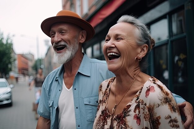 L'uomo e la donna anziani camminano insieme sorridendo e scherzando con l'IA generativa