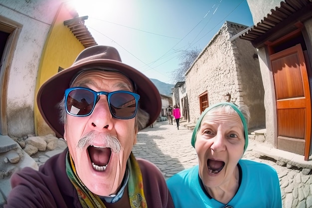 L'uomo e la donna anziani camminano insieme sorridendo e scherzando con l'IA generativa