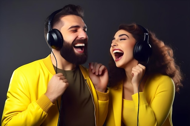 L'uomo e la donna ascoltano la musica in cuffia e cantano gioiosamente ad alta voce ed emotivamente