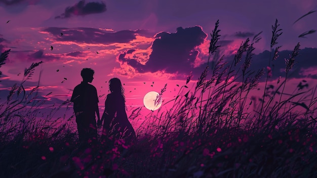 L'uomo e la donna che si baciano al tramonto amano lo sfondo di San Valentino