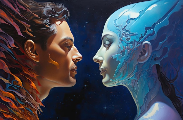 L'uomo e la donna innamorati si guardano con un aspetto futuristico