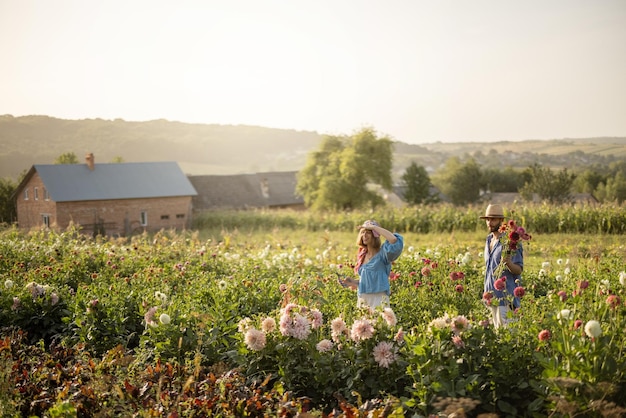 L'uomo e la donna raccolgono i fiori in una fattoria all'aperto