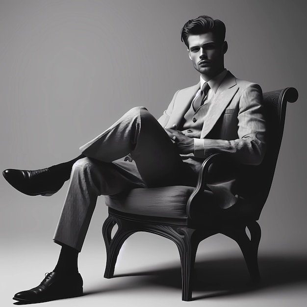 L'uomo è seduto su una sedia sagomata in abiti vintage su fondo nero e bianco