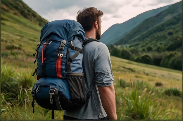 L'uomo escursionista con uno zaino nella parte posteriore cammina su una strada di montagna in tempo di pioggia attraverso il bosco