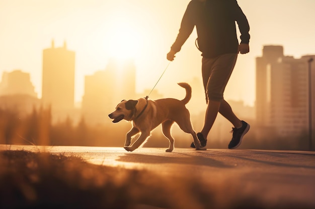 L'uomo fa jogging con il cane in una città al tramonto ai illustrazione generativa