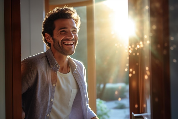 L'uomo felice apre la porta per accogliere il vicino al mattino