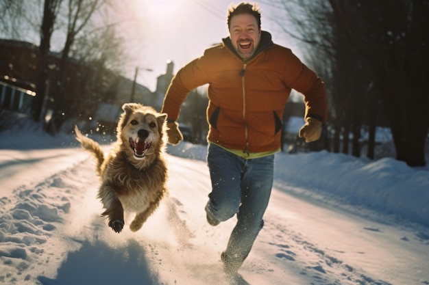 L'uomo felice con il cane gioca in una strada innevata in inverno