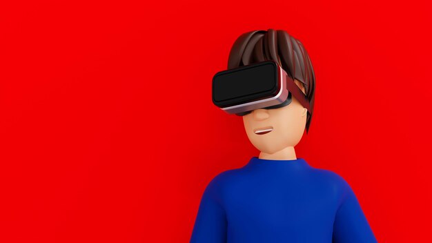 L'uomo gode della realtà virtuale con la tecnologia degli occhiali VR cinema e gioco 3D rendering personaggio dei cartoni animati