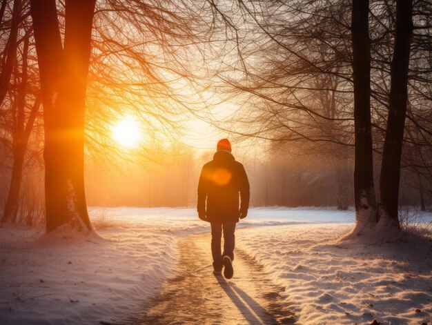 l'uomo gode di una piacevole passeggiata in una giornata invernale