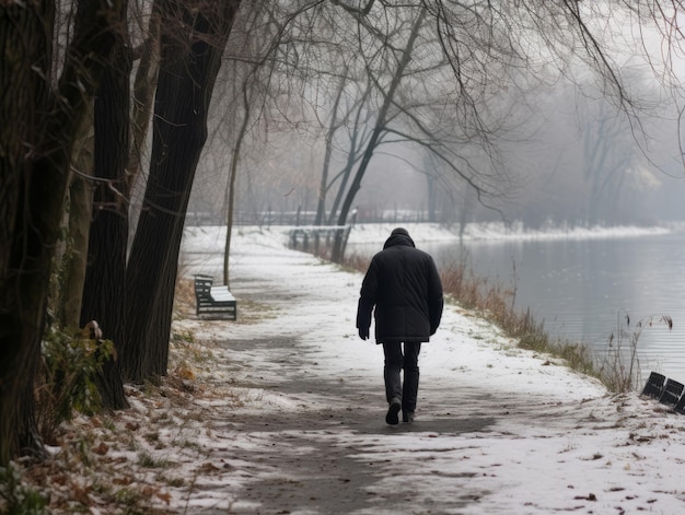 l'uomo gode di una piacevole passeggiata in una giornata invernale