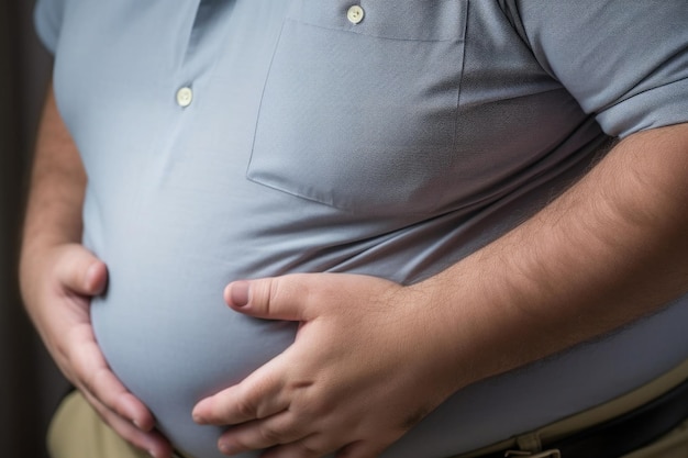 L'uomo grasso in pantaloni e camicia tiene lo stomaco con le mani Concetto di obesità e eccesso di cibo Dolore allo stomaco