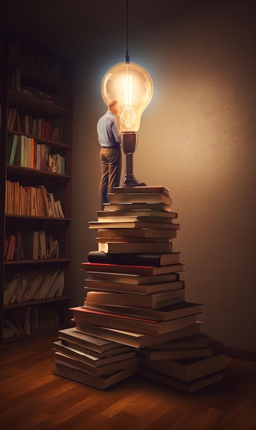 L'uomo ha scalato una pila di libri per raggiungere la luce Conoscenza astratta che si sforza attraverso il libro Grandi scaffali sullo sfondo IA generativa