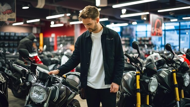 L'uomo ha scelto le moto nel negozio di moto, il tizio con la giacca nera.