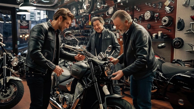 L'uomo ha scelto le moto nel negozio di moto, il tizio con la giacca nera.