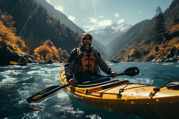 L'uomo in kayak sul fiume in montagna Il concetto di turismo attivo ed estremo ai
