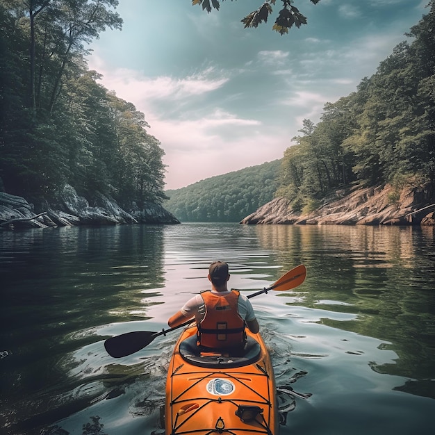 L'uomo in kayak sul fiume nella foresta Stile di vita attivo