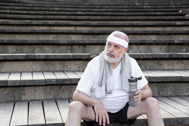 L'uomo in pensione esausto seduto sulle scale del parco riposa dopo l'esercizio Concetto di stile di vita attivo