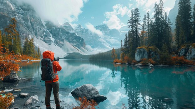 L'uomo in piedi sulla montagna vicino al lago