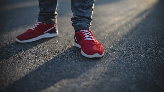 L'uomo in scarpe da ginnastica cammina per strada in una giornata di sole