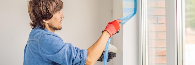 L'uomo in una camicia blu fa il formato lungo del banner di installazione della finestra