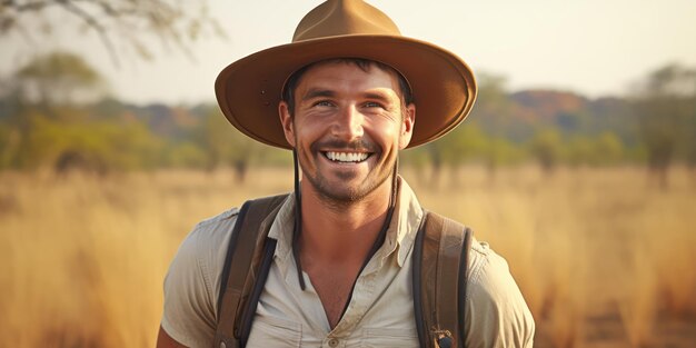 L'uomo incarna l'essenza dell'avventura nel suo concetto di outfit e cappello da turista