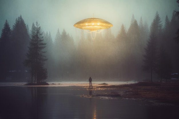 L'uomo incontra l'UFO che vola di notte luce arancione realistico