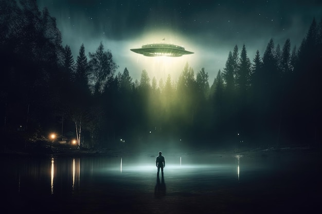 L'uomo incontra l'UFO che vola di notte luce gialla realistico