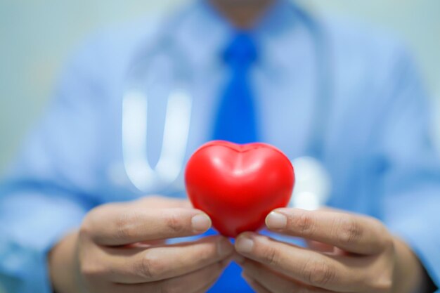 L'uomo intelligente asiatico medico che tiene un cuore rosso sano forte concetto medico