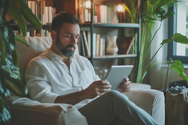 L'uomo latino si sta rilassando a casa, è seduto sulla poltrona e si connette con il suo tablet digitale.