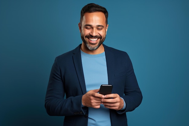 L'uomo latinoamericano felice con il telefono sullo sfondo dello studio Sapphire