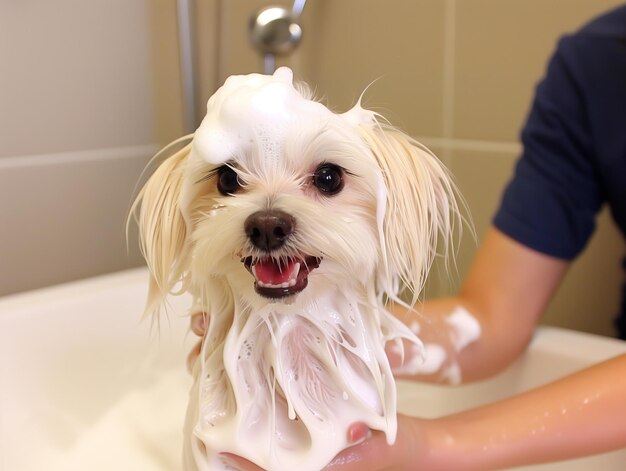 l'uomo lava un cane in un bagno di schiuma all'interno