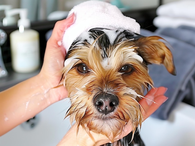 l'uomo lava un cane in un bagno di schiuma all'interno