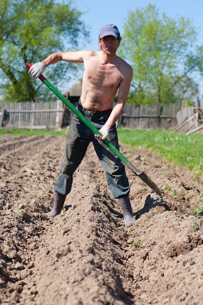 L'uomo lavora in un orto in estate