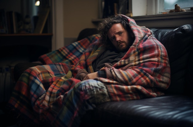 l'uomo malato giace sul divano coperto da una coperta
