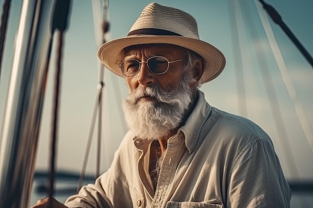 L'uomo maturo naviga abilmente su una barca a vela in mare aperto usando la sua conoscenza ed esperienza per guidare in sicurezza la nave verso la sua destinazione IA generativa