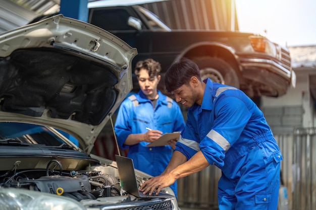 L'uomo meccanico mostra il rapporto al collega asiatico al garage Un meccanico e suo figlio discutono delle riparazioni fatte al veicolo Cambiare attività automobilistica