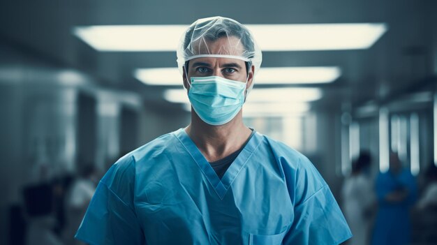 L'uomo medico con il berretto e la maschera in piedi nella sala chirurgica dell'ospedale Concetto di assistenza sanitaria e diagnosi medica e trattamento Copy space Ai generative