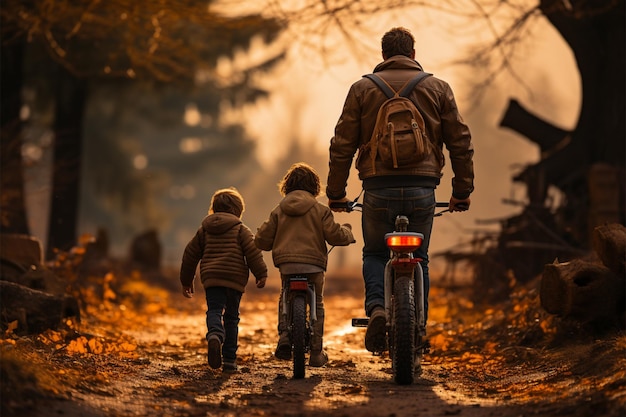 L'uomo mentore dei genitori sostiene i bambini che vanno in bicicletta